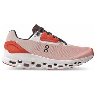 On Women's Cloudstratus Shoes feature a sleek design with a red and white color scheme, showcasing a perforated sole for enhanced cushioning and comfort, suitable for running and casual activities.
