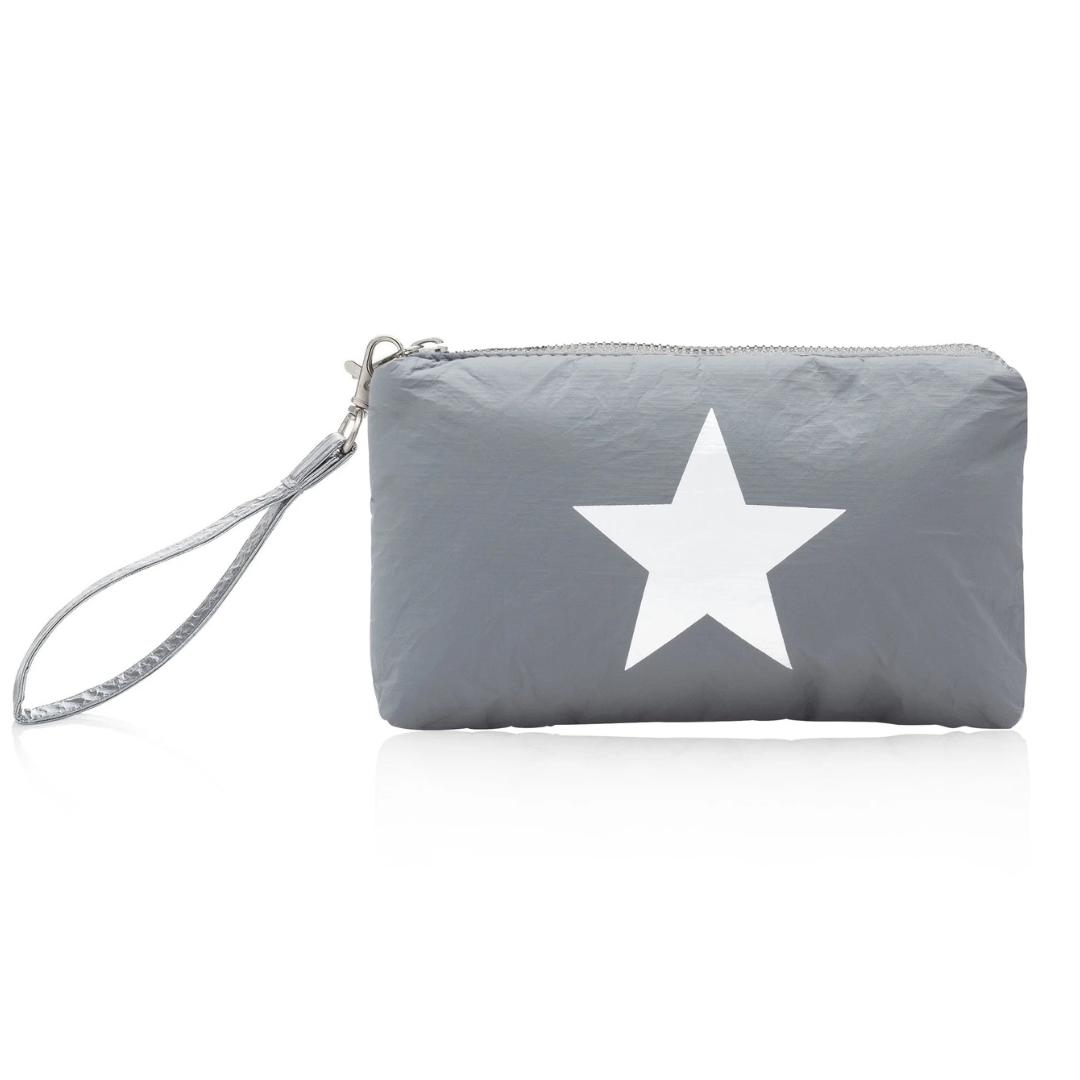 Gray wristlet pouch with a white star design and a zip closure.