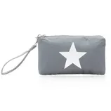 Gray wristlet pouch with a white star design and a zip closure.