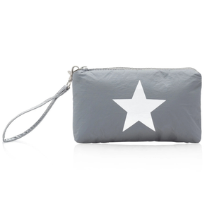 Gray wristlet pouch with a white star design and a zip closure.