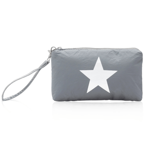 Gray wristlet pouch with a white star design and a zip closure.