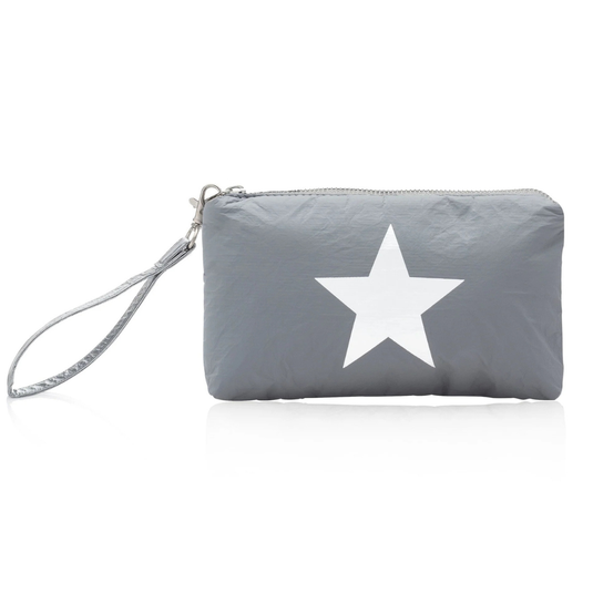 Gray wristlet pouch with a white star design and a zip closure.