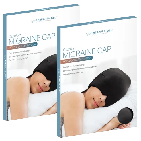 TheraHealGel Comfort Migraine Cap provides hot and cold relaxation with dual temperature technology, suitable for soothing migraines and tension headaches. Comes with a comfort-fit weighted gel.