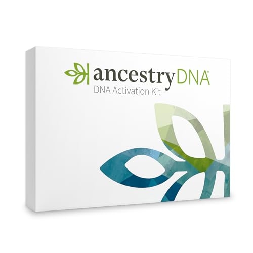 White boxed AncestryDNA kit with the brand's logo and stylized green and blue leaf motifs.