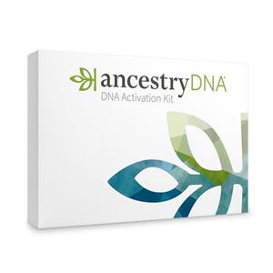 White boxed AncestryDNA kit with the brand's logo and stylized green and blue leaf motifs.