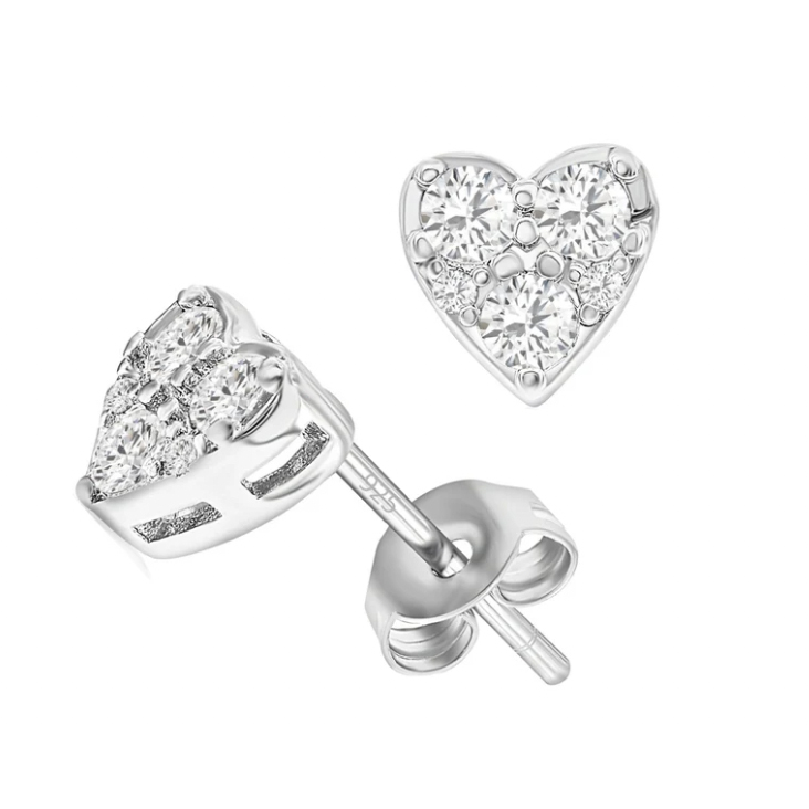 Silver heart-shaped stud earrings with a cluster of sparkling round gemstones. Each earring features a heart setting with multiple stones and has a polished finish with a standard post and butterfly back.