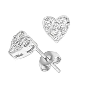 Silver heart-shaped stud earrings with a cluster of sparkling round gemstones. Each earring features a heart setting with multiple stones and has a polished finish with a standard post and butterfly back.