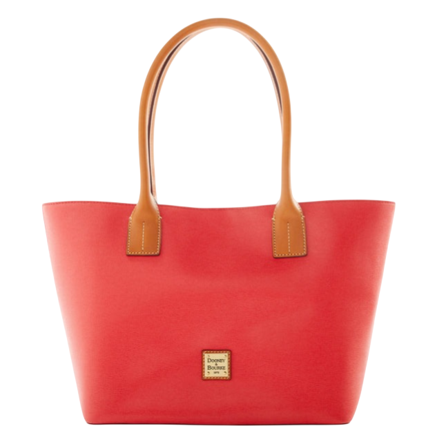 A red tote bag with tan handles featuring a small, centered logo plaque on the front.