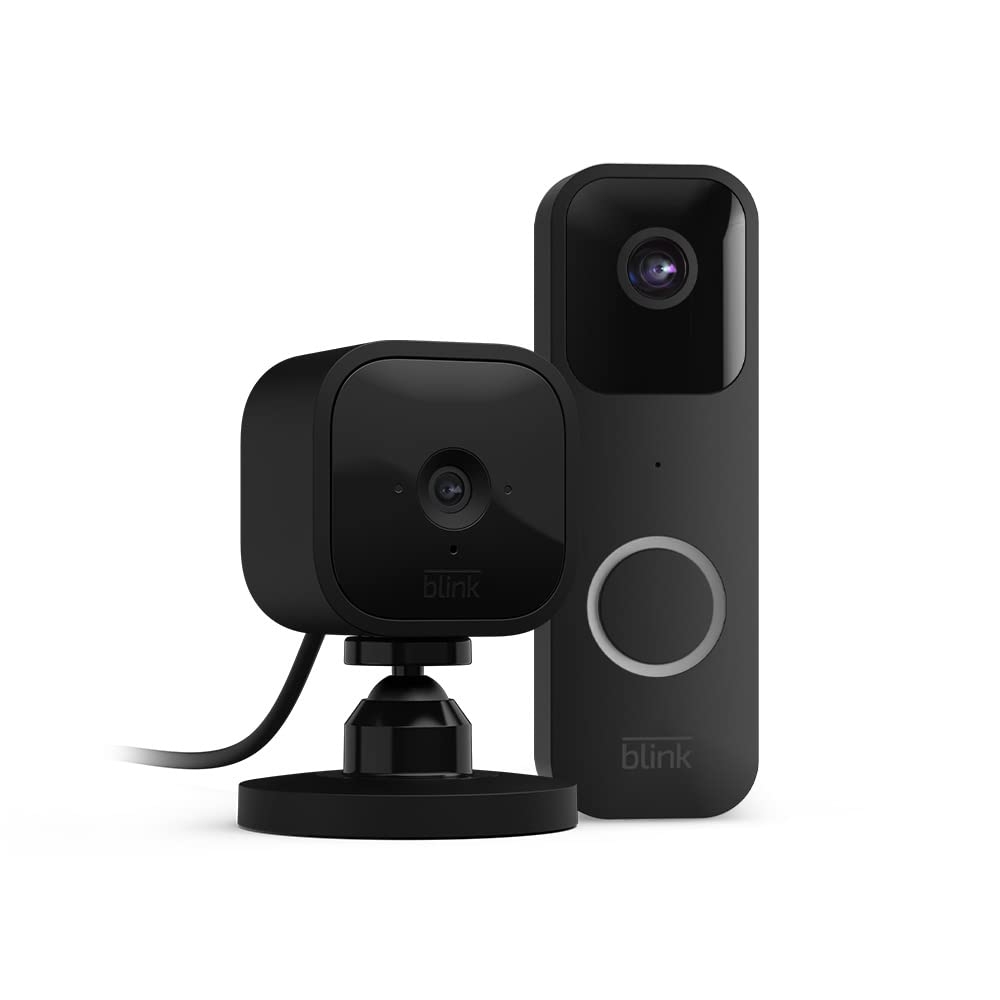A black home security camera with a mounted stand next to a video doorbell in a similar design and color.