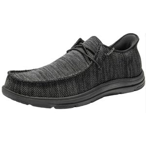 Men's Bruno Marc Loafers feature a textured black knit upper, cushioned insole, soft lining, and a flexible rubber sole for comfort and style.