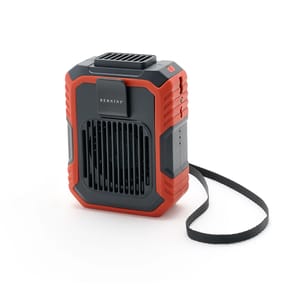 A compact, portable gardening fan with a red and black design, featuring a front grille, control button, and a strap for easy carrying.