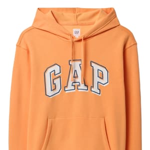 Orange GAP hoodie with blue and white outlined letters, featuring a front pocket and drawstring hood.