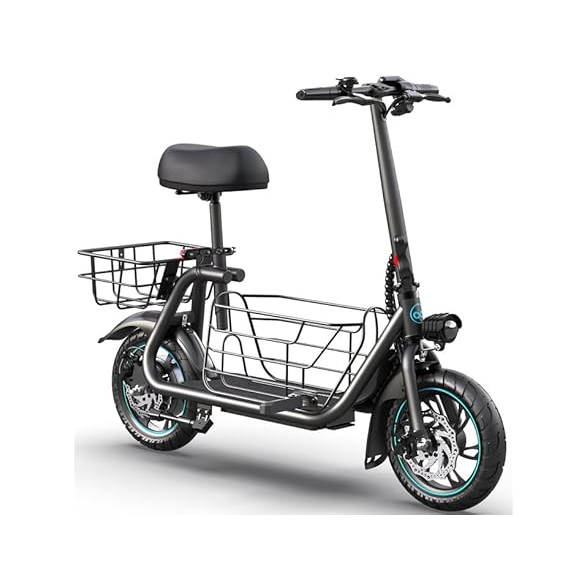 Electric scooter with a padded seat, front and rear baskets, and disc brakes on both wheels, designed for added storage and comfort while riding.