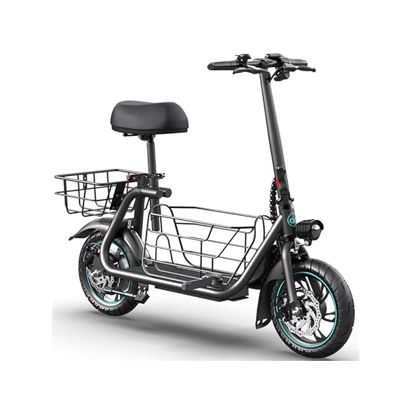 Electric scooter with a padded seat, front and rear baskets, and disc brakes on both wheels, designed for added storage and comfort while riding.
