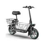 Electric scooter with a padded seat, front and rear baskets, and disc brakes on both wheels, designed for added storage and comfort while riding.