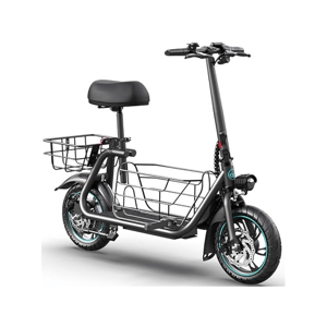 Electric scooter with a padded seat, front and rear baskets, and disc brakes on both wheels, designed for added storage and comfort while riding.