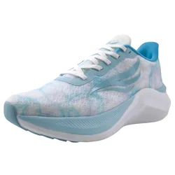 A light blue athletic shoe with a white sole and geometric patterns, featuring white laces and a dynamic stripe design on the side.