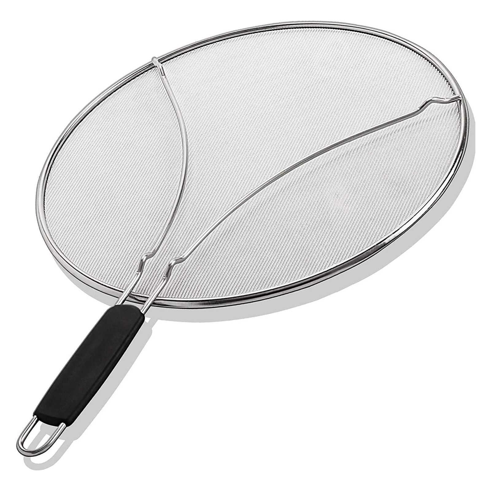 A metal splatter screen with a black handle.