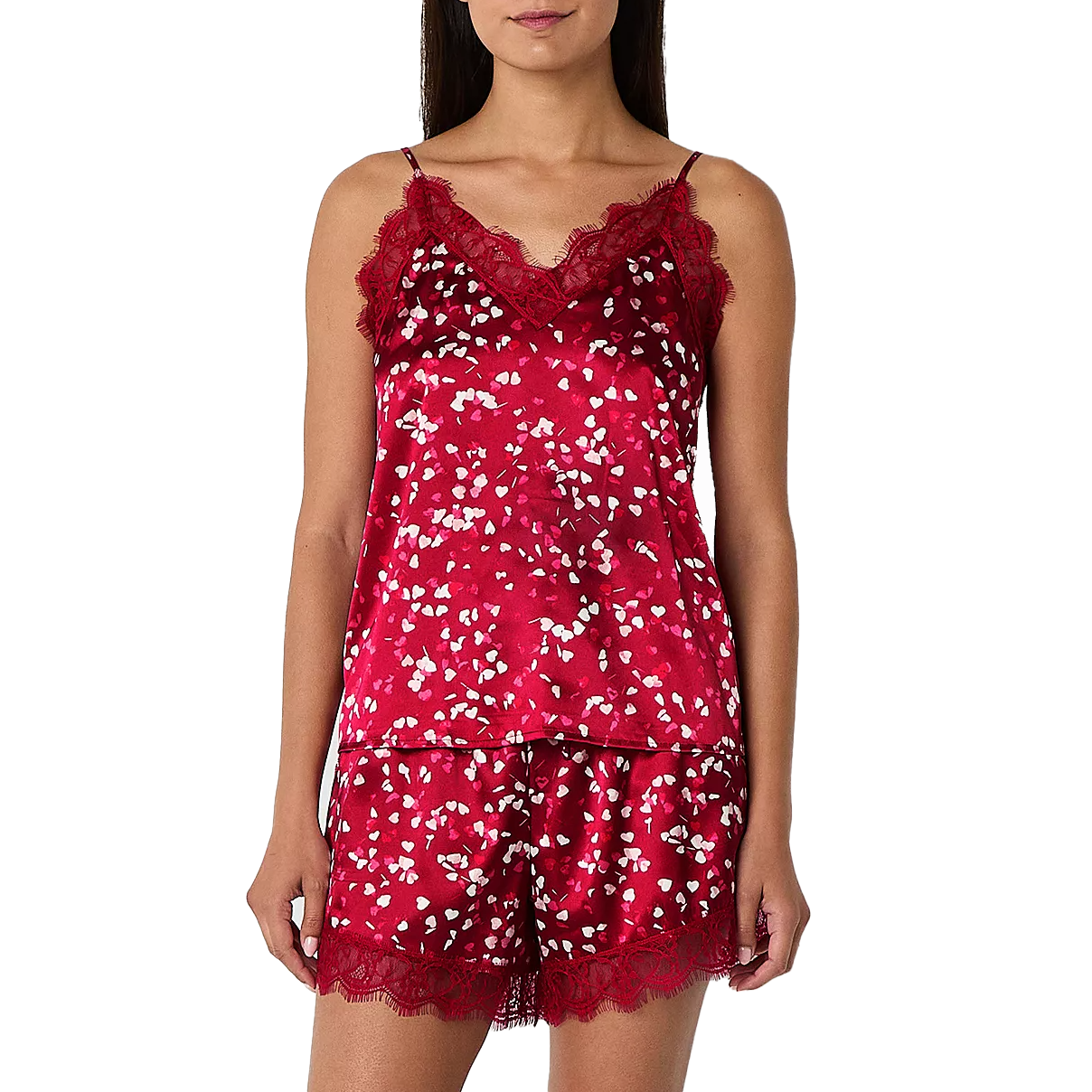 Red satin pajama short set with a white heart pattern, featuring a lace-trimmed V-neck camisole with adjustable spaghetti straps and matching shorts with lace hem.