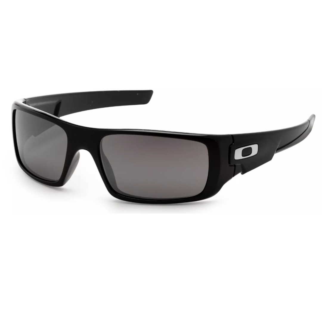 Black rectangular sports sunglasses with dark lenses and a logo on the side.