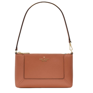 A Kate Spade New York brown leather shoulder bag with a gold-tone zipper and a detachable strap.
