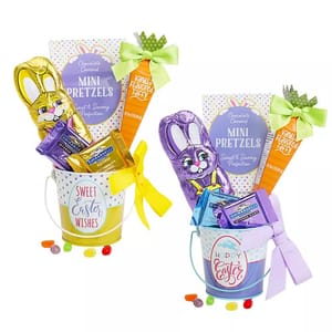 The 2pc Easter Gift Pail Set includes pails with sweet and savory caramel-coated mini pretzels, chocolate bunnies, vanilla-flavored taffy, assorted chocolates, and colorful jelly beans, all adorned with decorative ribbons and festive messages.