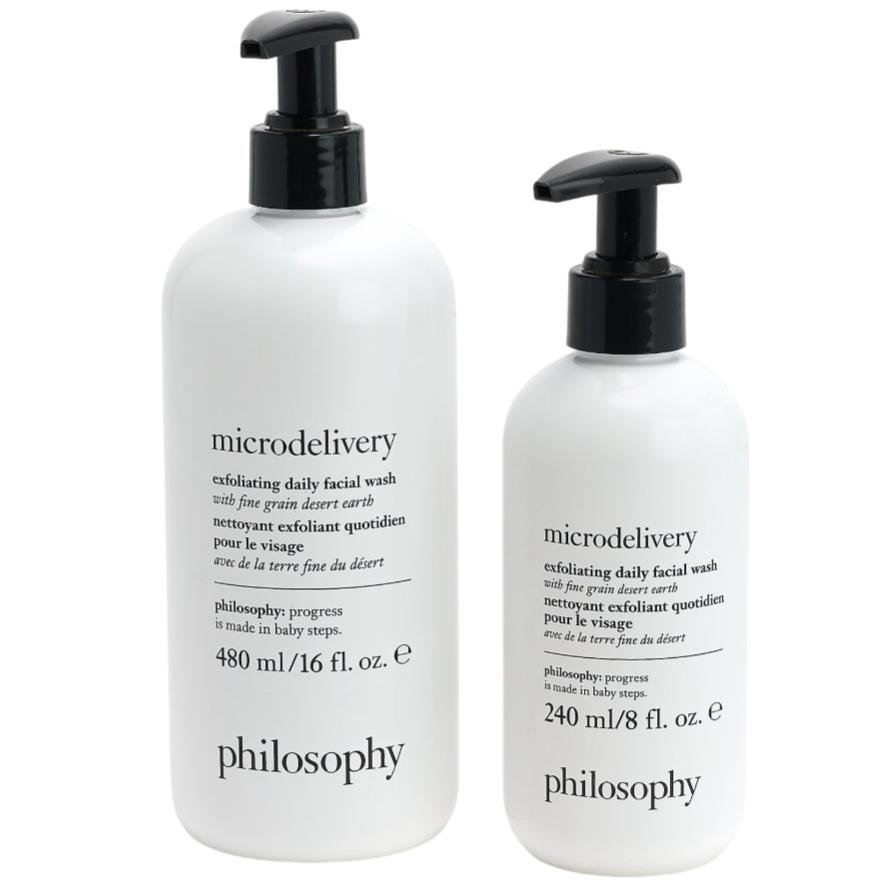 Philosophy Microdelivery Exfoliating Daily Facial Wash, available in 480 ml (16 fl. oz.) and 240 ml (8 fl. oz.) sizes.