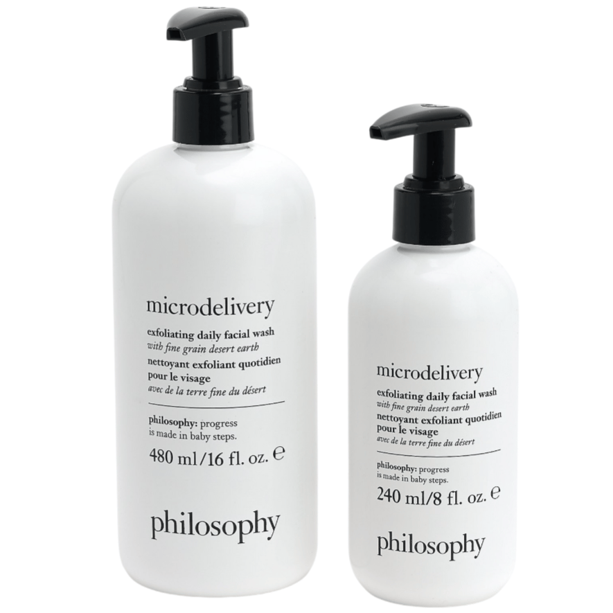 Philosophy Microdelivery Exfoliating Daily Facial Wash, available in 480 ml (16 fl. oz.) and 240 ml (8 fl. oz.) sizes.