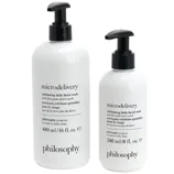 Philosophy Microdelivery Exfoliating Daily Facial Wash, available in 480 ml (16 fl. oz.) and 240 ml (8 fl. oz.) sizes.