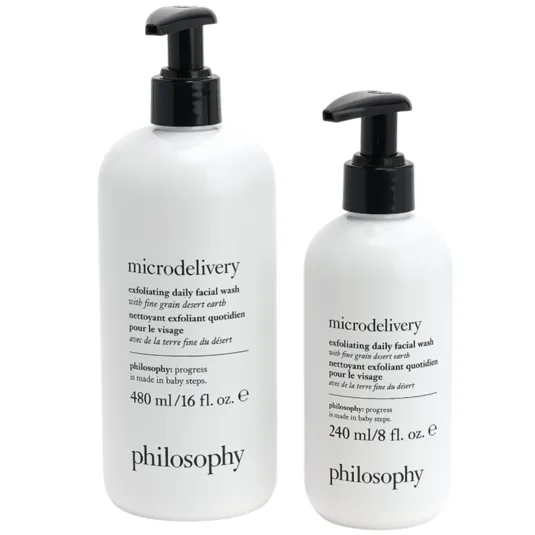 Philosophy Microdelivery Exfoliating Daily Facial Wash, available in 480 ml (16 fl. oz.) and 240 ml (8 fl. oz.) sizes.