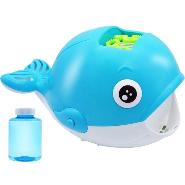 A blue whale-shaped bubble machine with a bottle of bubble solution.