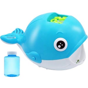 A blue whale-shaped bubble machine with a bottle of bubble solution.