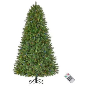7.5' pre-lit artificial Christmas tree with color-changing LED lights and includes a remote control for easy operation. The tree has a full shape with multi-colored lights that can switch colors using the remote.