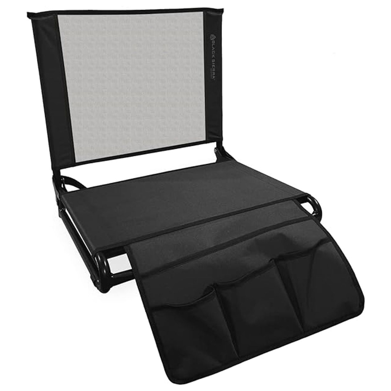 A black foldable stadium seat featuring a padded backrest, a cushioned seat with a front storage pouch, and carrying handles for portability.