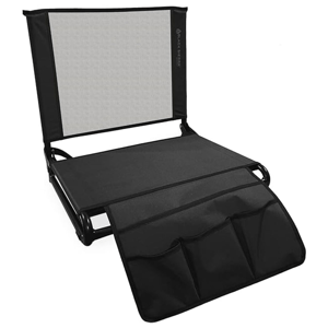 A black foldable stadium seat featuring a padded backrest, a cushioned seat with a front storage pouch, and carrying handles for portability.