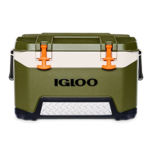 A green and white Igloo cooler with orange latches and black handles, featuring a diamond-plate design on the front panel.