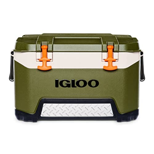 A green and white Igloo cooler with orange latches and black handles, featuring a diamond-plate design on the front panel.