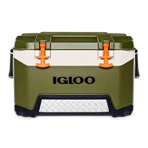 A green and white Igloo cooler with orange latches and black handles, featuring a diamond-plate design on the front panel.