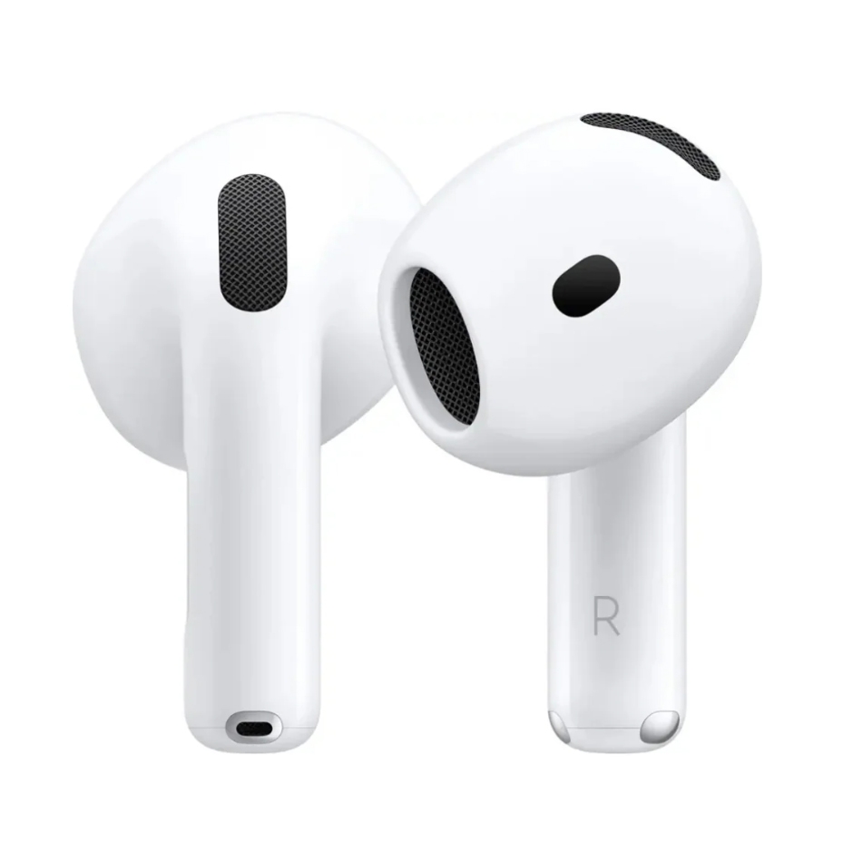 Wireless earbuds with a sleek white design, featuring built-in speakers and microphones for audio playback and calls.