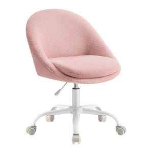A pink curved-back swivel chair with a cushioned seat, textured fabric, and white adjustable base with wheels.