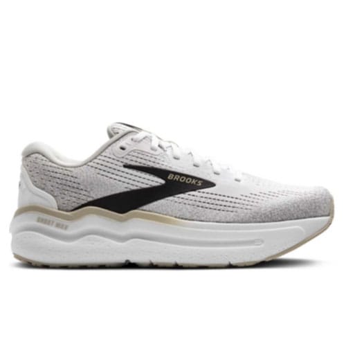 White athletic running shoe with a textured upper, black accent stripe, and prominent sole featuring \“Brooks\“ branding.