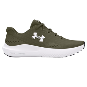 Olive green athletic shoe with perforated mesh upper, white cushioned midsole, and a prominent white brand logo on the side.