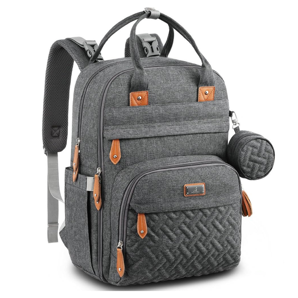 Gray backpack with leather accents, featuring multiple compartments and a small detachable round pouch on the side.
