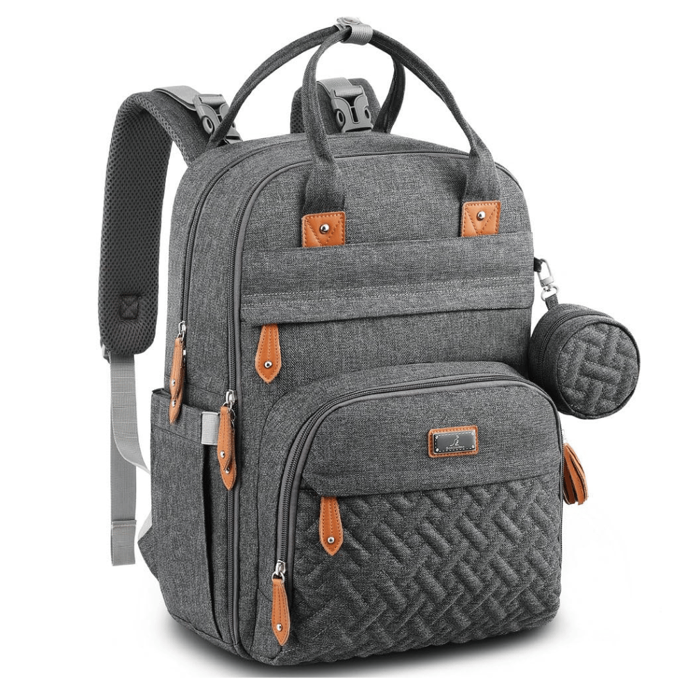 Gray backpack with leather accents, featuring multiple compartments and a small detachable round pouch on the side.