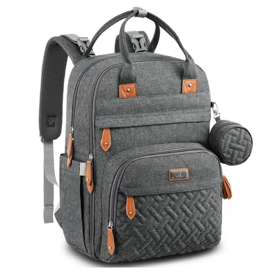 Gray backpack with leather accents, featuring multiple compartments and a small detachable round pouch on the side.