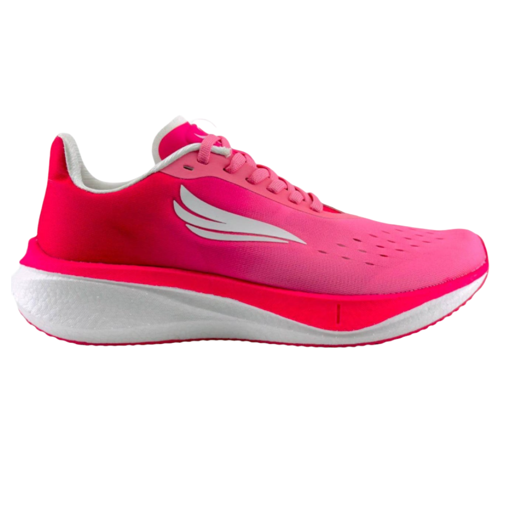 A pink running shoe with white accents, featuring a stylized wing logo on the side, a lace-up design, and a thick white midsole for cushioning.