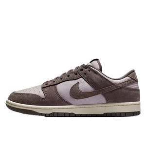 Nike Men's Suede/Leather Retro Dunks feature a blend of dark brown suede and light grey leather, with a classic low-top design, lace-up closure, and a cream midsole.