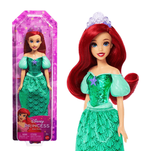 Ariel doll from Disney Princess collection, featuring a bright green gown, red hair, and a tiara. Packaged in a purple-themed box with starfish details.