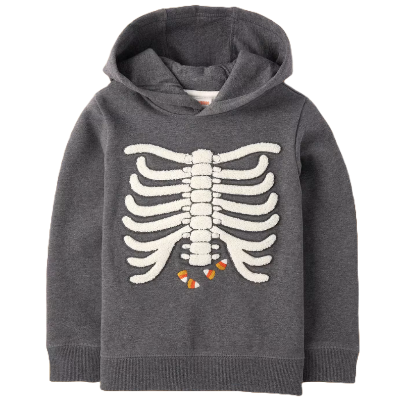Gray hoodie with a skeleton ribcage design and candy corn accents.