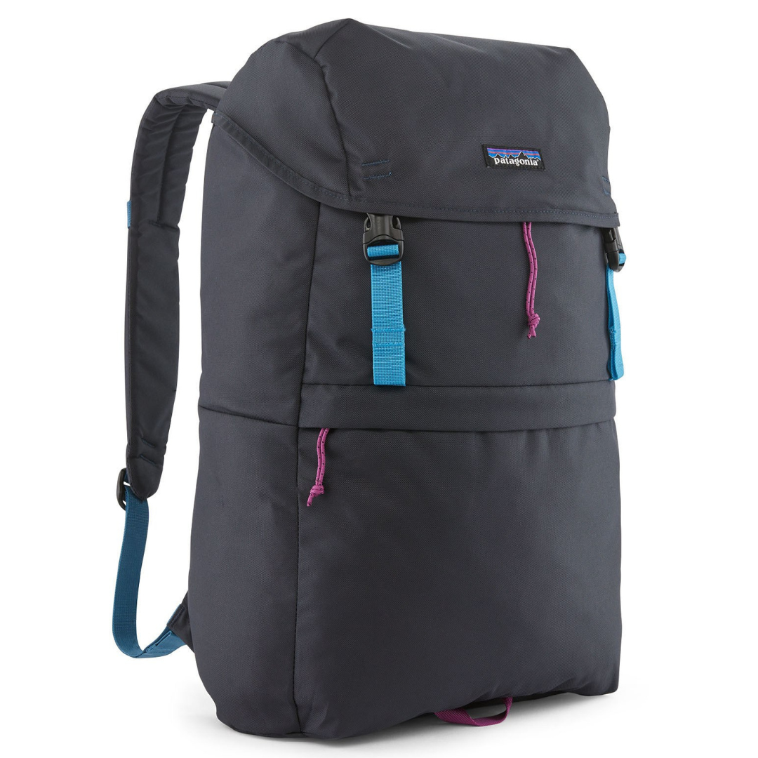A dark gray backpack with a blue strap and pink zipper pulls.